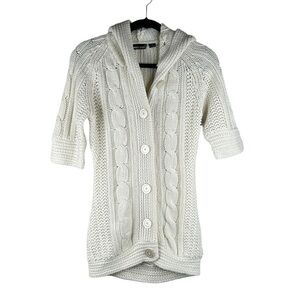 Wet Seal Cream Y2K 90s Cable Knit Button Down 3/4 Sleeve Hoodie Sweater Sz Small
